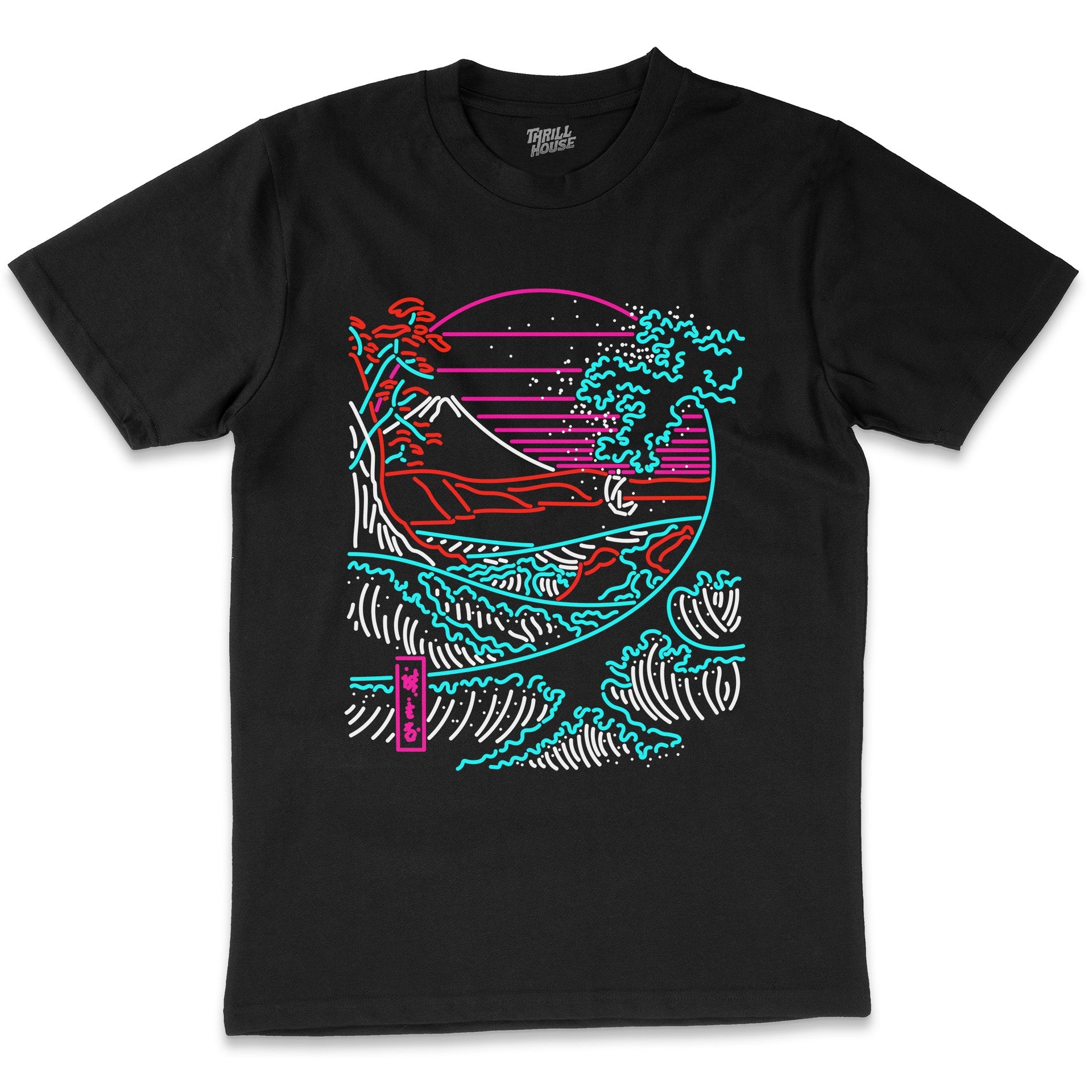 Retro Waves Mt Fuji Japanese Great Wave Artistic Artsy Neon 80s Vaporwave Vintage Cotton T-Shirt