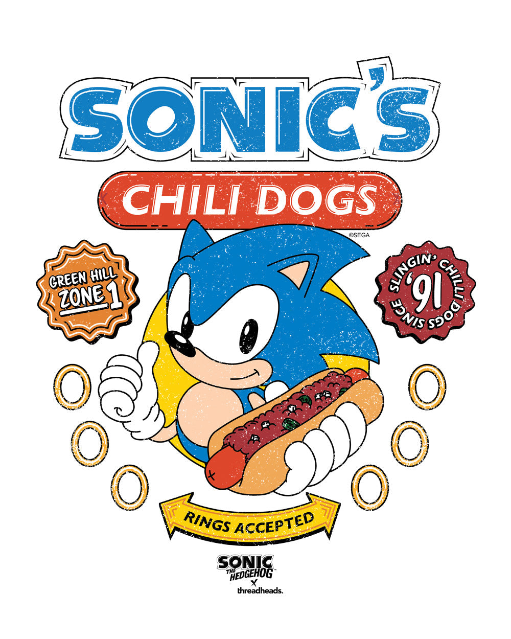 Sonic The Hedgehog Chili Dogs Retro 90s Video Game Cartridge Console Officially Licensed SEGA T-Shirt