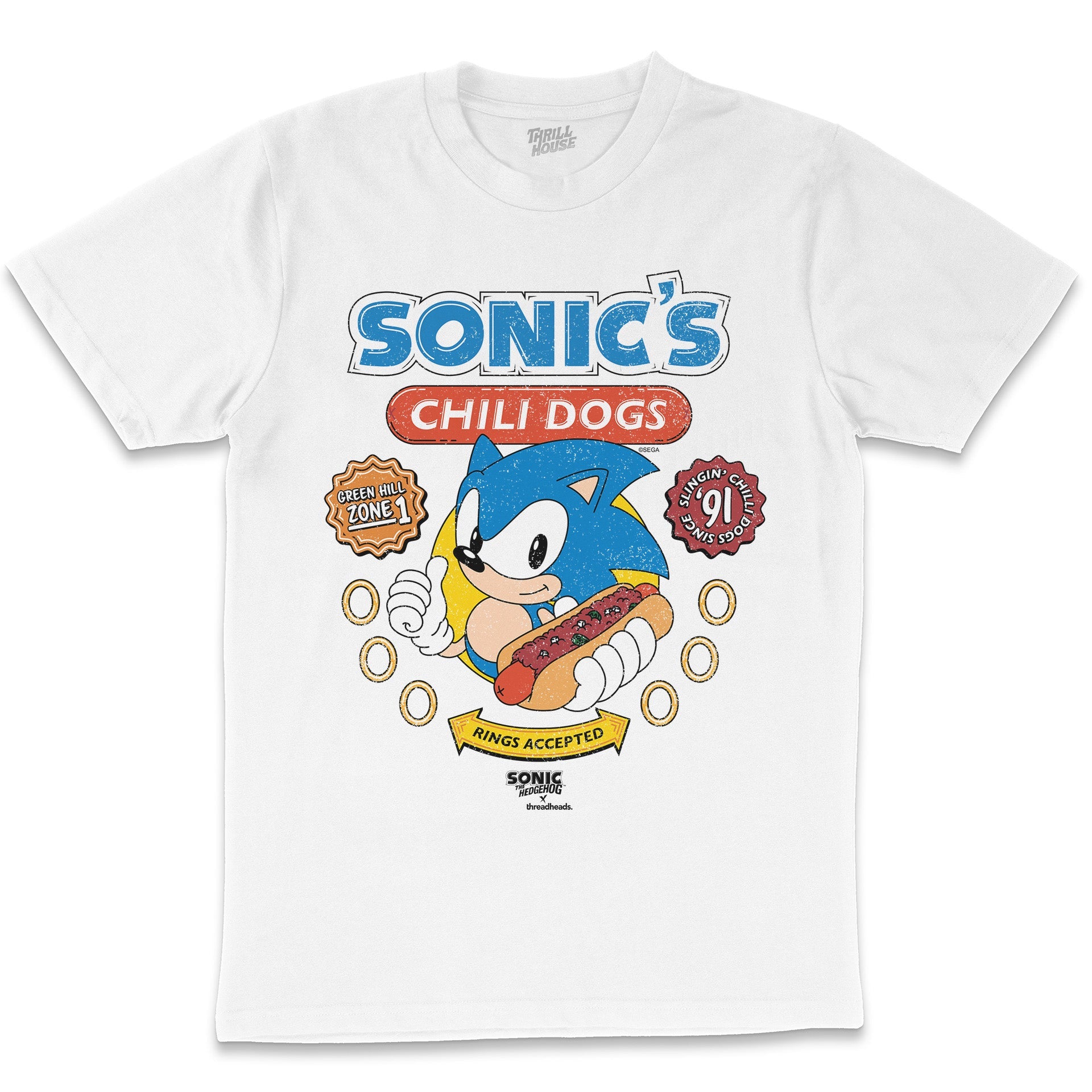 Sonic The Hedgehog Chili Dogs Retro 90s Video Game Cartridge Console Officially Licensed SEGA T-Shirt