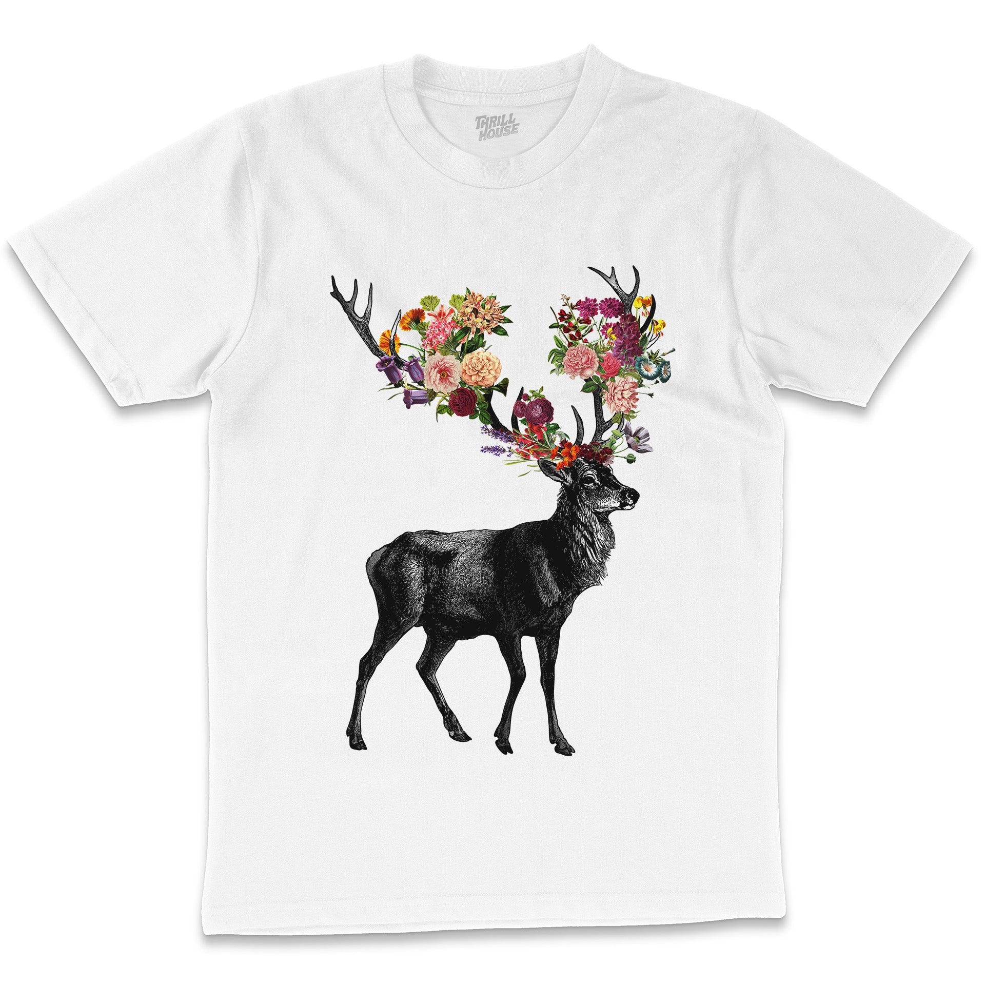 Spring Itself Deer Floral Arrangement Animal Artsy Artistic Reindeer Cotton T-Shirt