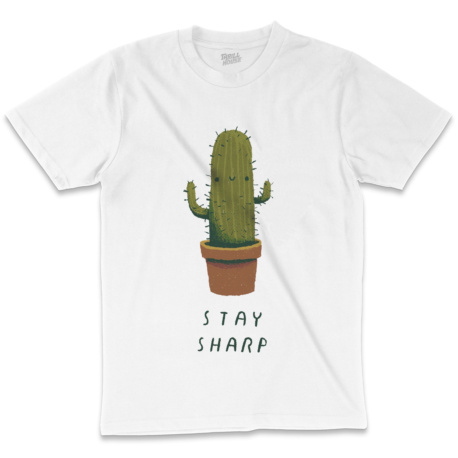 Stay Sharp Funny Cactus Plant Succulent Garden Parody Slogan Pun Cotton T-Shirt