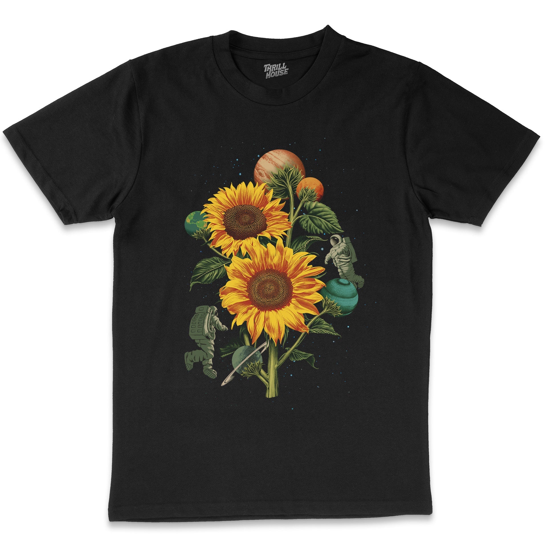 Sun Flowers Artsy Flowers Floral Garden Space Planets Mash Up Astronaut Cotton T-Shirt