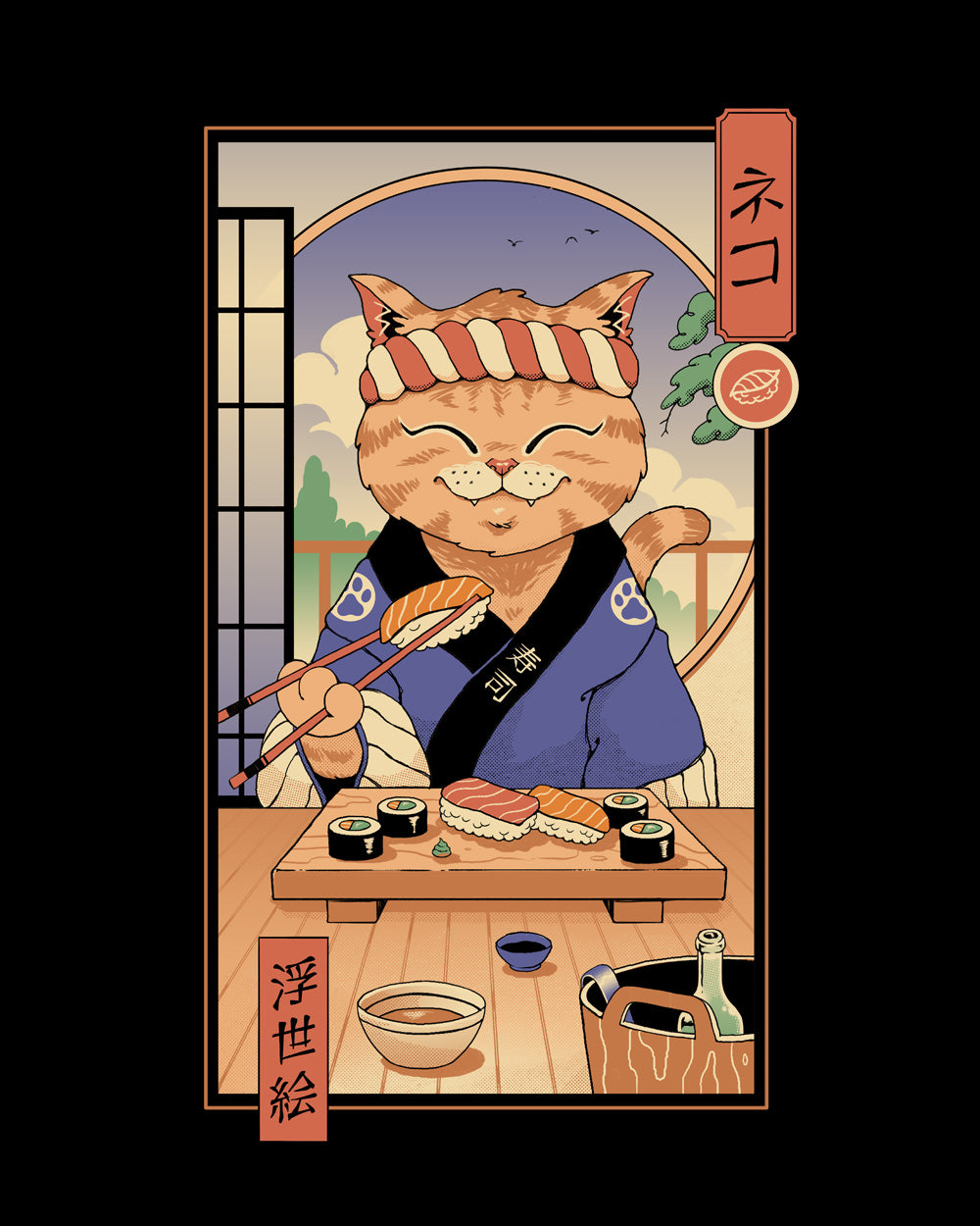 Sushi Cat in Edo Japanese Japan Kitten Food Foodie Cute Animal Artsy Cotton T-Shirt