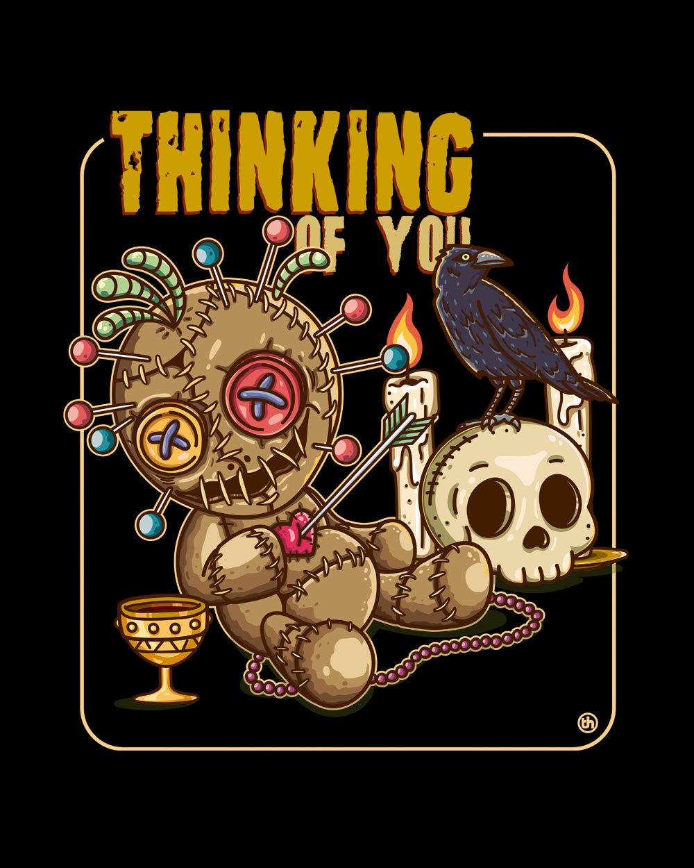 Thinking of You Funny Voodoo Doll Pin Hex Spell Dark Magic Skull Dark Humour Cotton T-Shirt