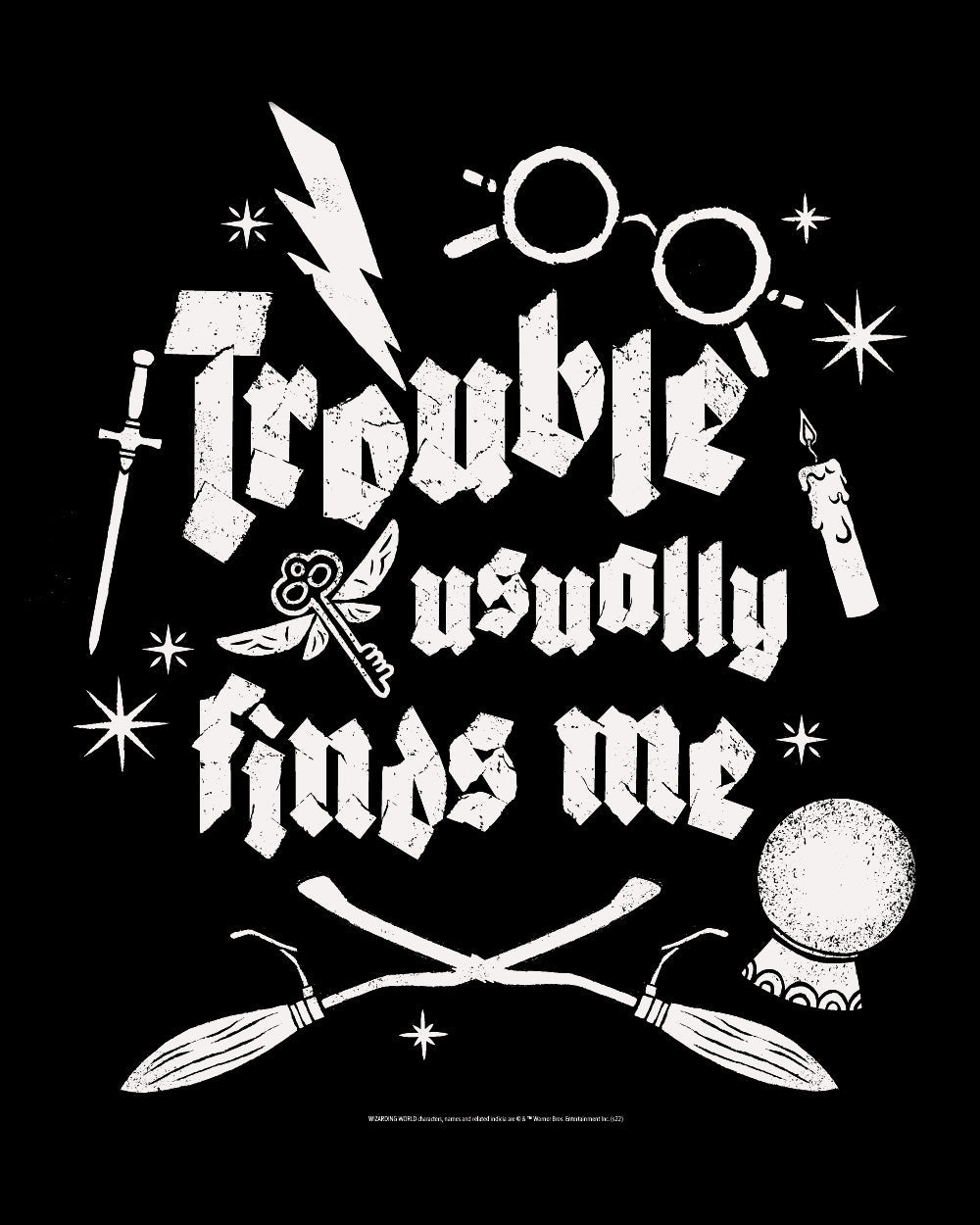 Harry Potter Trouble Usually Finds Me Hogwarts Witchcraft Wizardry School Officially Licensed Cotton T-Shirt