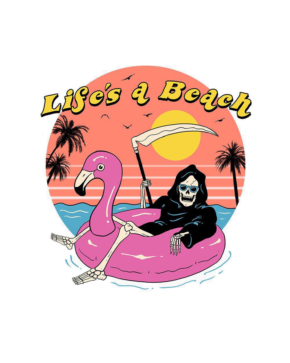 Life's a Beach Funny Grim Reaper Dark Humour Slogan Summer Holiday Flamingo Cotton T-Shirt