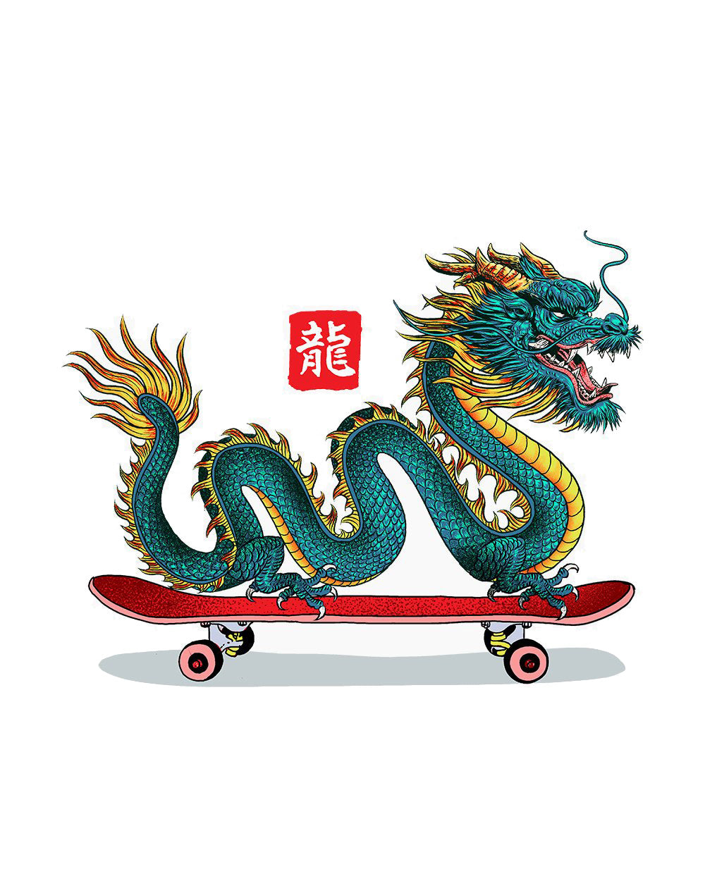 Long Board Dragon Skateboard Skating Chinese Japanese Style Artsy Cotton T-Shirt