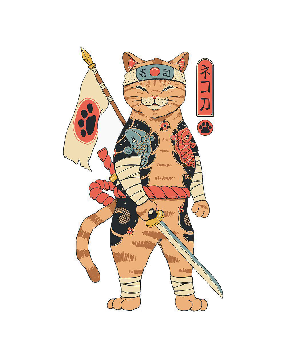 Neko Shogun Japanese Attack Samurai Kitten Cat Artsy Cotton T-Shirt