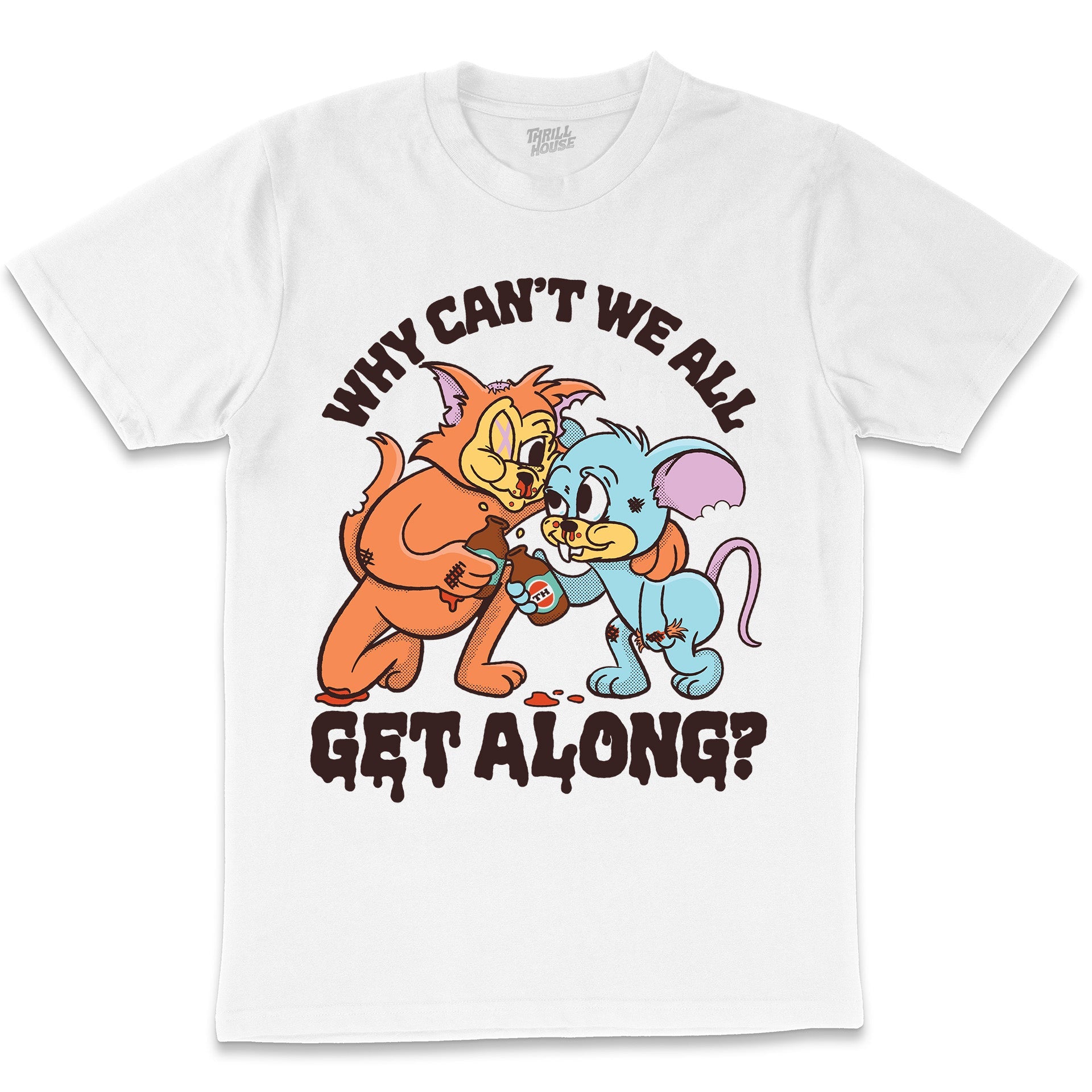 Why Can't We All Get Along Funny Cat Mouse Friends Animal Drinking Buddies Beer Humorous Cotton T-Shirt