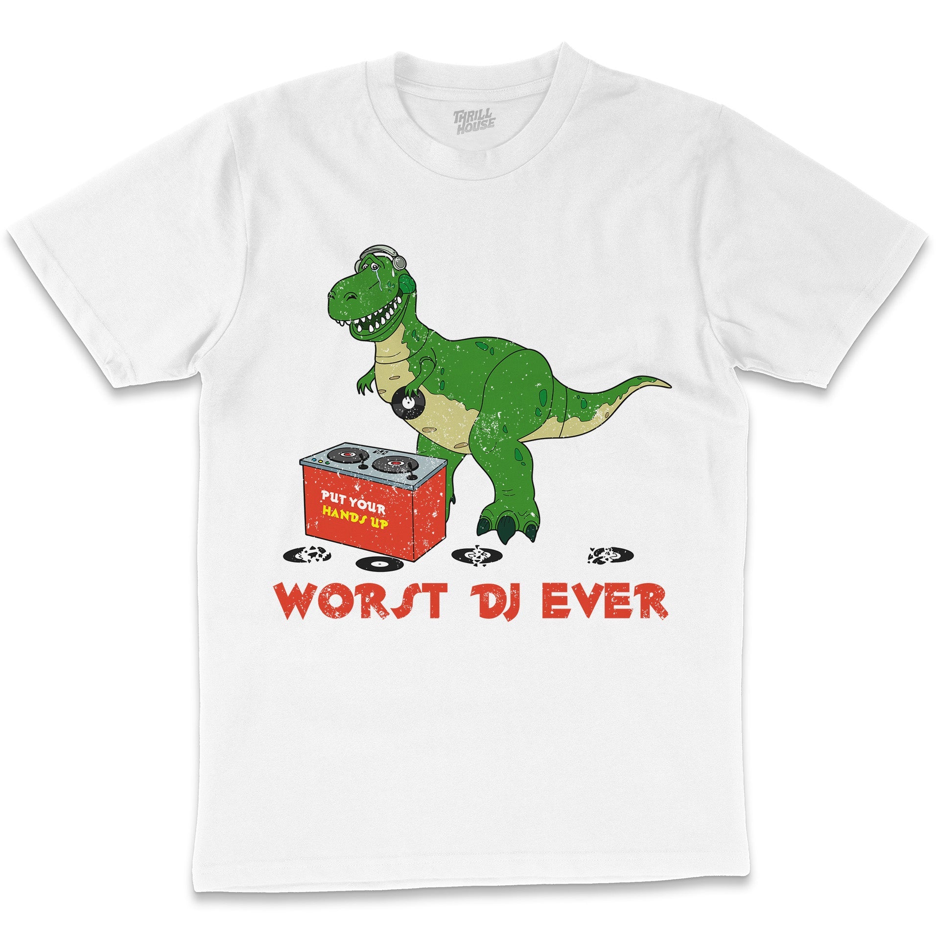 Worst DJ Ever Funny T-Rex Dinosaur Tyranosaurus Rex Jurassic Retro Vintage Music Turntable T-Shirt