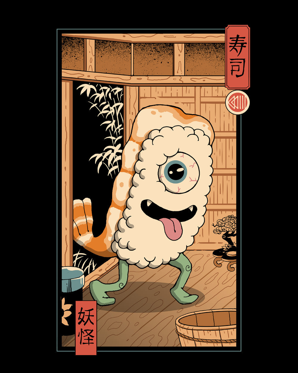 Yokai Sushi in Edo Japanese Japan Inspired Artsy Prawn Nori Foodie Kaiju Influenced Cotton T-Shirt